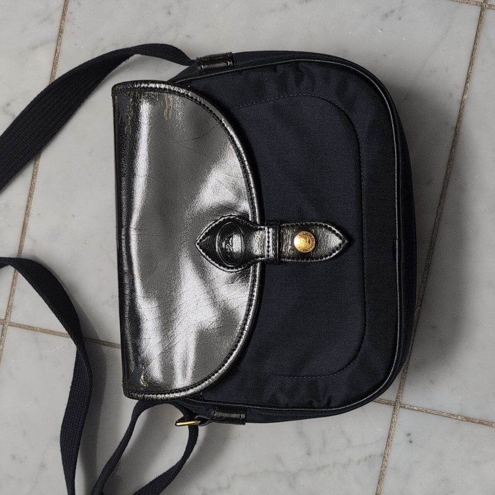Longchamp Black Nylon Crossbody Shoulder Bag Patent Trim Gold Hardware